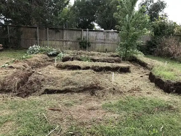 Overgrown backyard garden plot with bare dirt beside a wood privacy fence